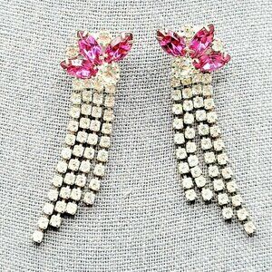 Vintage Rhinestone Drop Dangle Earrings Pink & Clear 2.25" Left Ear Right Ear